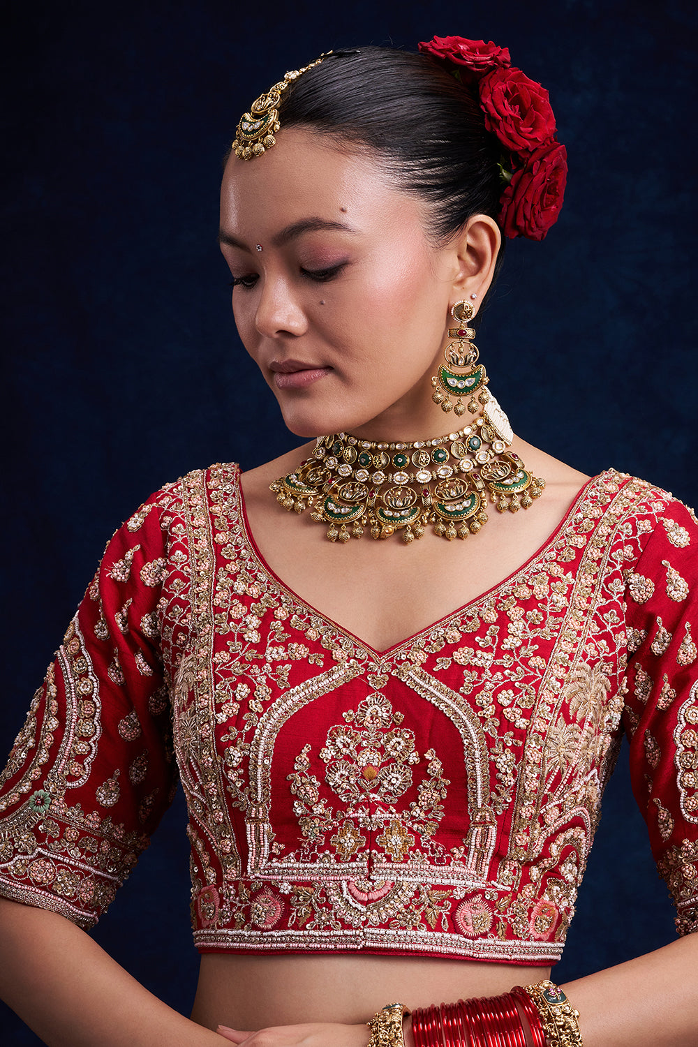 Red Raw Silk Bridal Lehenga with Cutdana and French Knot Work