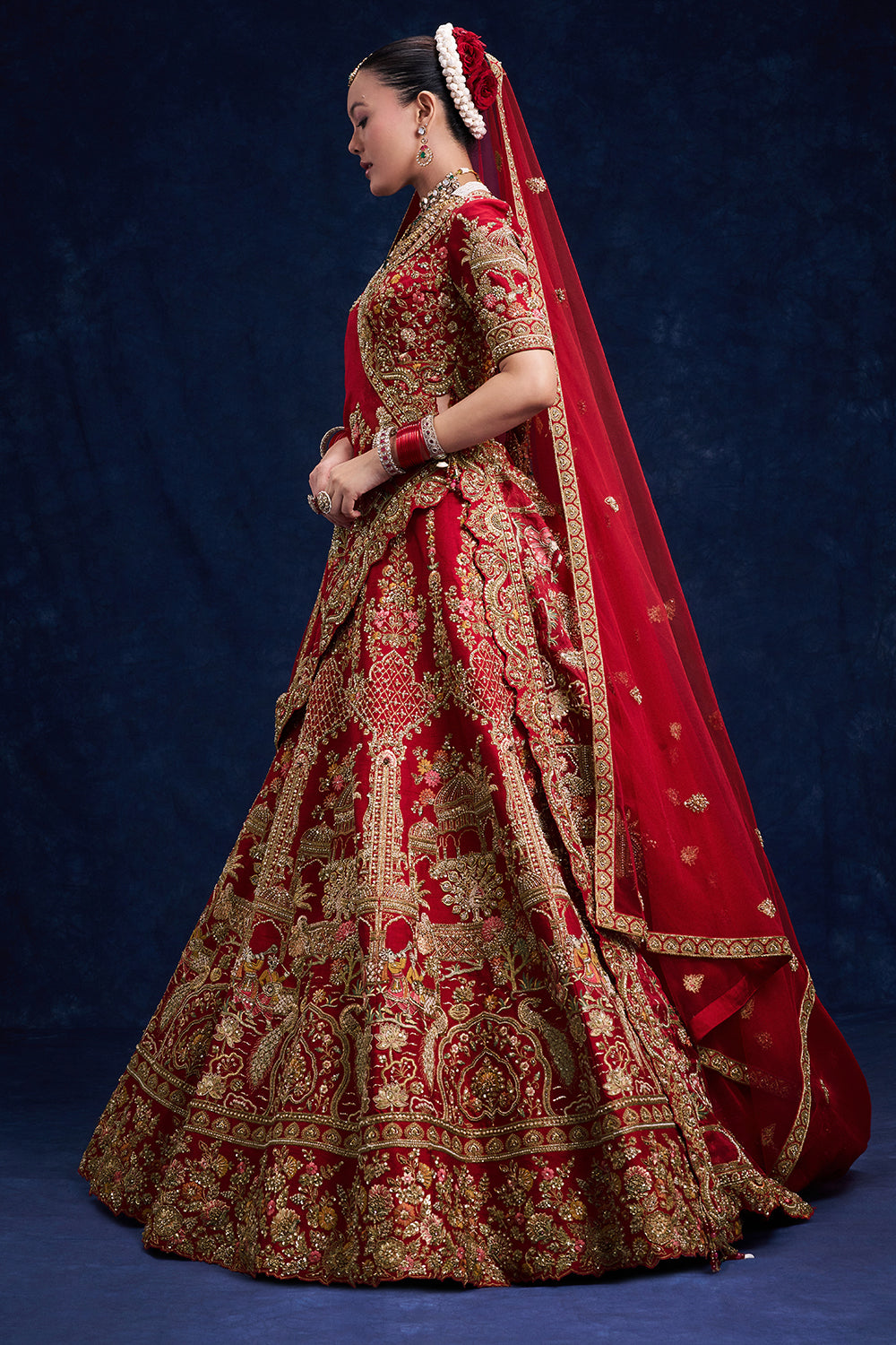 Red Raw Silk Bridal Lehenga with Cutdana and Sequin Details