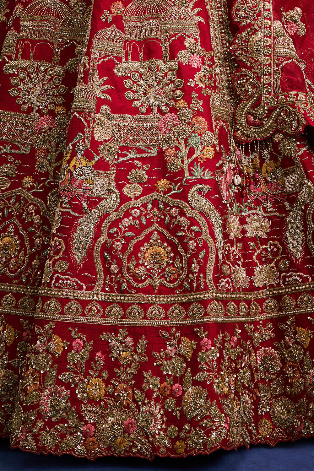 Red Raw Silk Bridal Lehenga with Cutdana and Sequin Details