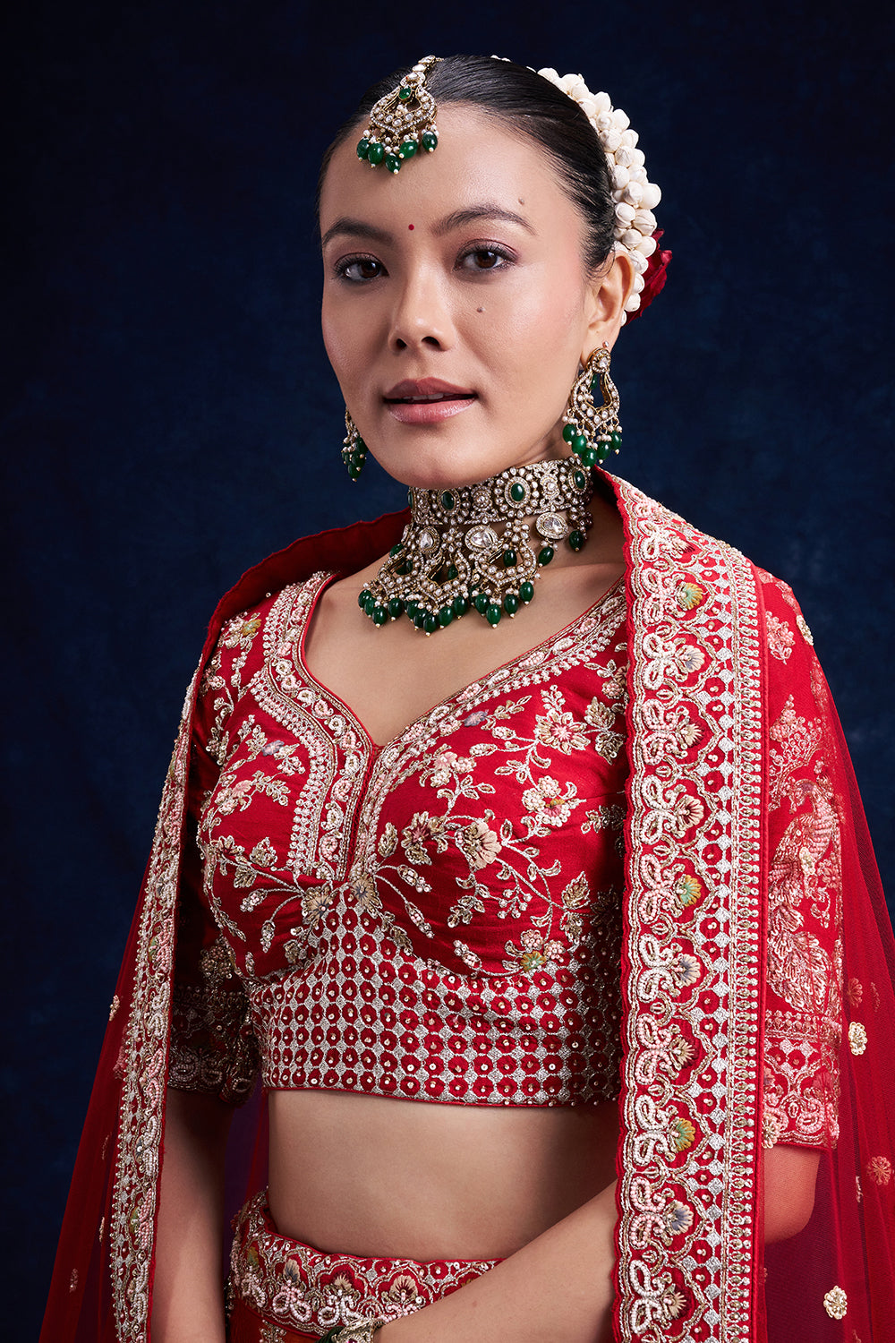 Red and Orange Raw Silk Bridal Lehenga with Cutdana Work