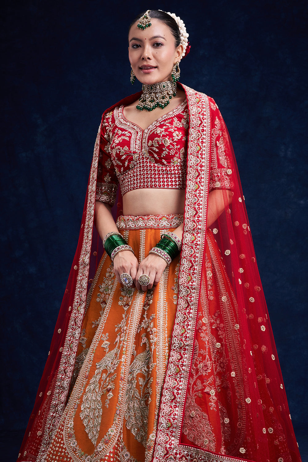 Red and Orange Raw Silk Bridal Lehenga with Cutdana Work