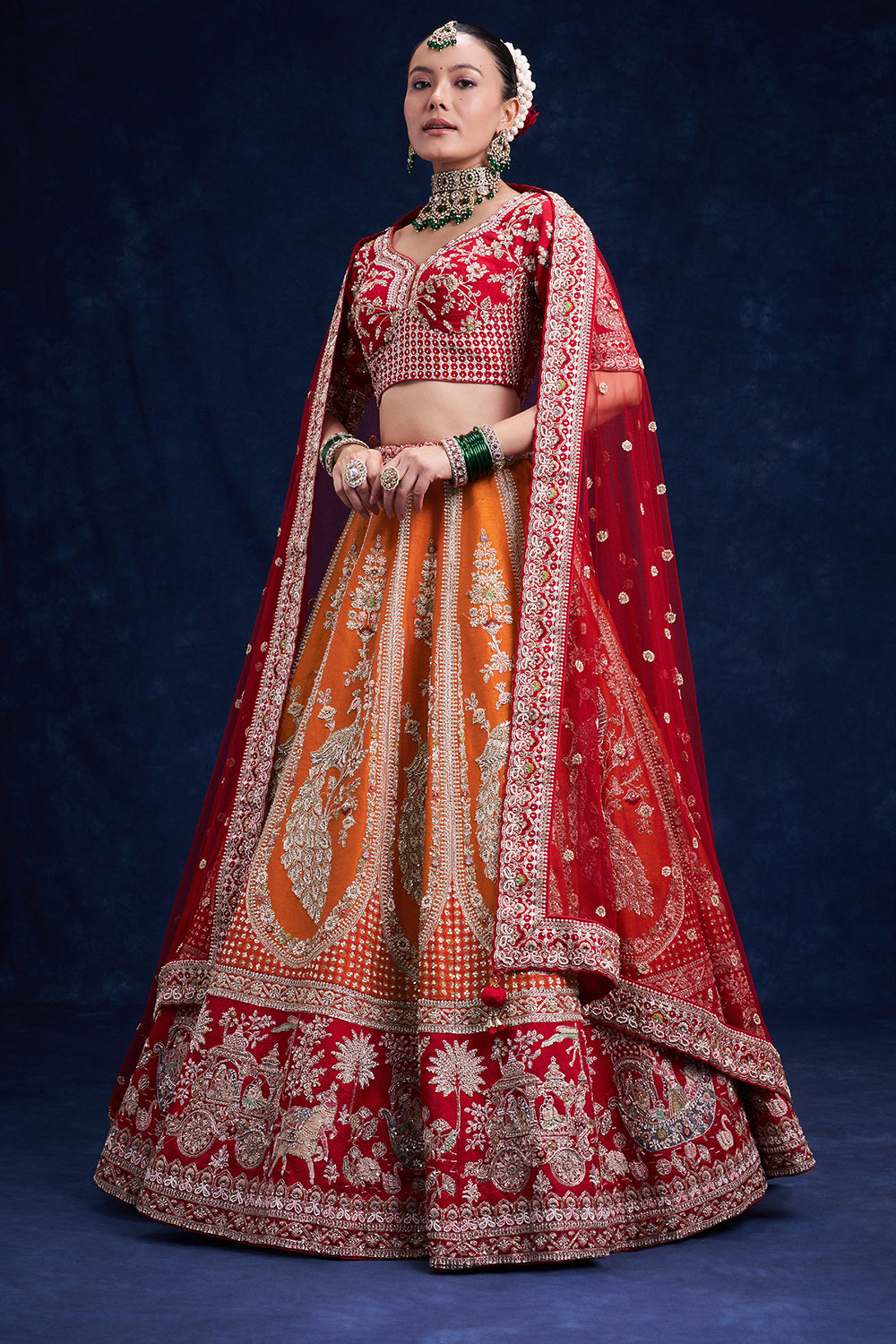 Red and Orange Raw Silk Bridal Lehenga with Cutdana Work