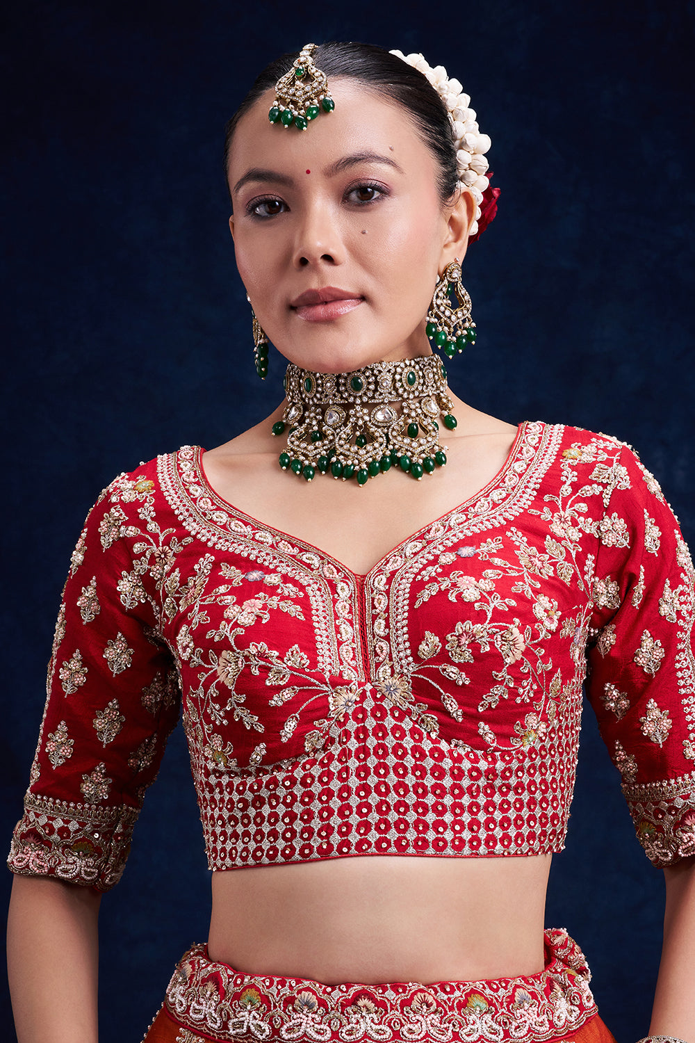 Red and Orange Raw Silk Bridal Lehenga with Cutdana Work