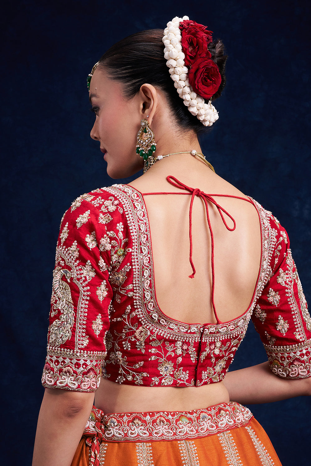 Red and Orange Raw Silk Bridal Lehenga with Cutdana Work
