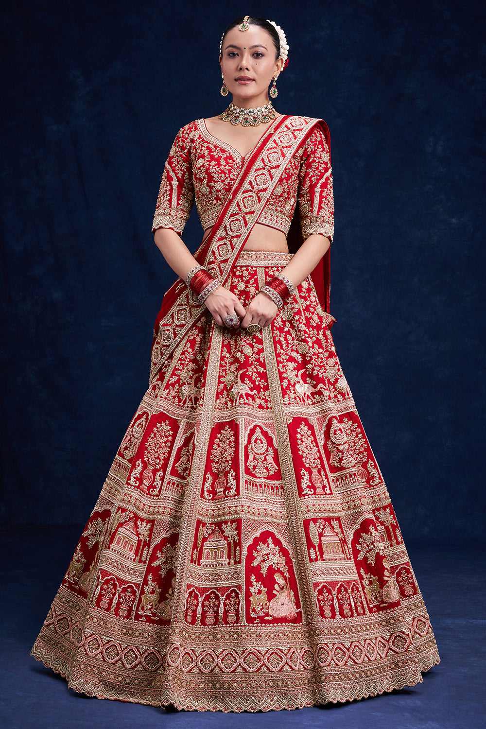 Red Raw Silk Bridal Lehenga with Heritage Motif Details