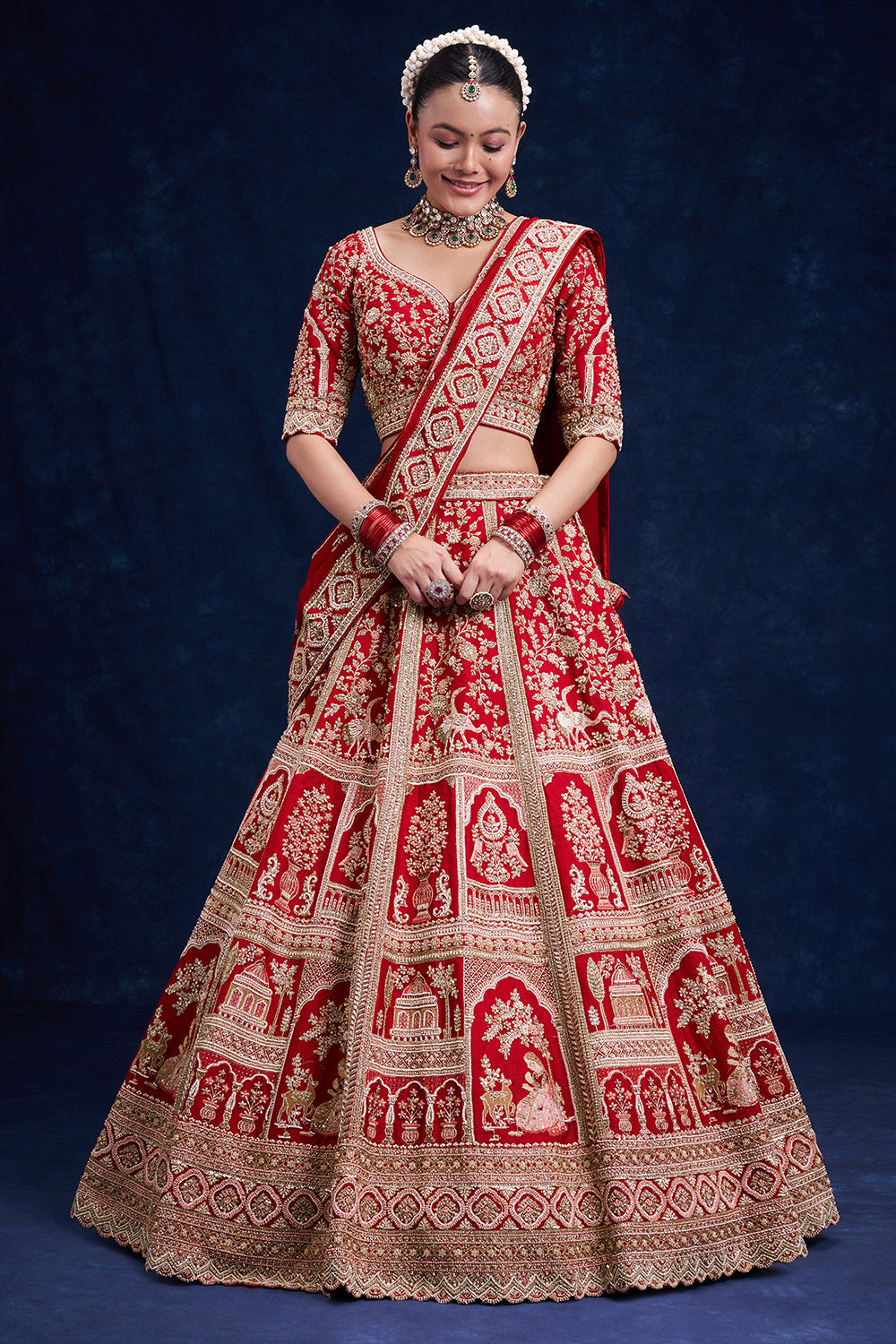 Red Raw Silk Bridal Lehenga with Heritage Motif Details