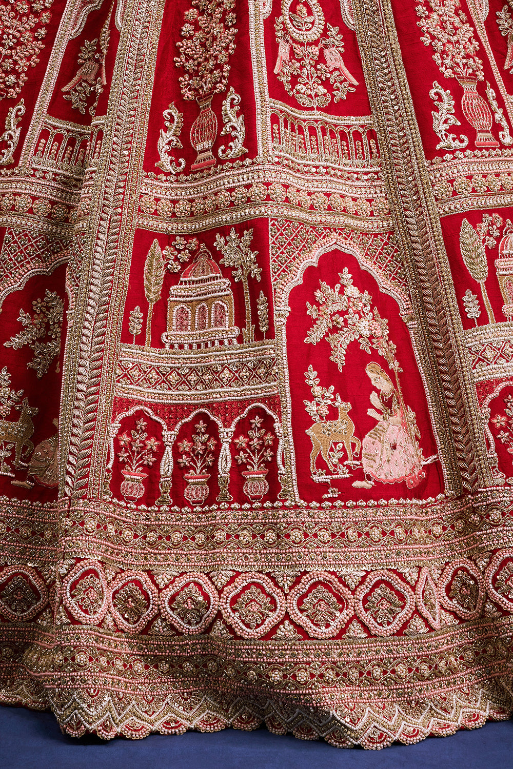 Red Raw Silk Bridal Lehenga with Heritage Motif Details