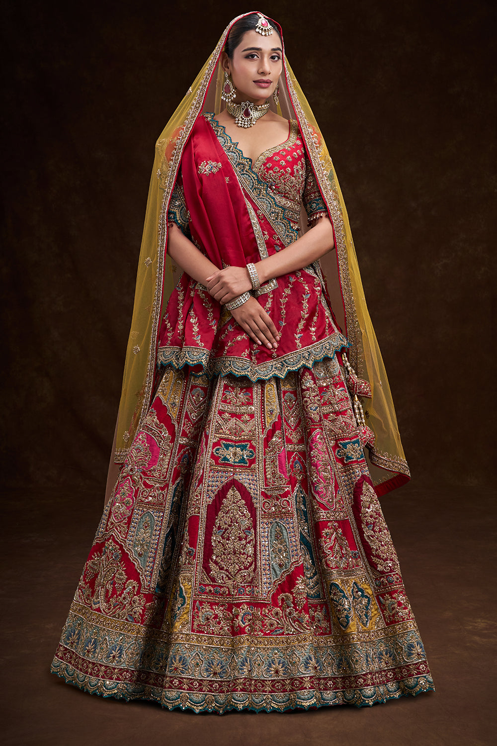 Red Raw Silk Bridal Lehenga with Multi-colour Zardozi Heritage Embroidery