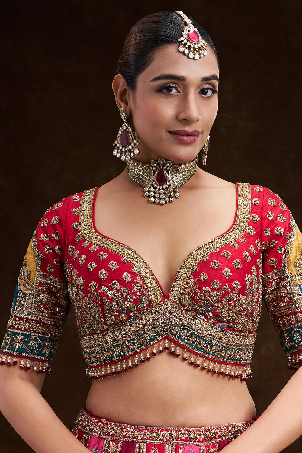 Red Raw Silk Bridal Lehenga with Multi-colour Zardozi Heritage Embroidery