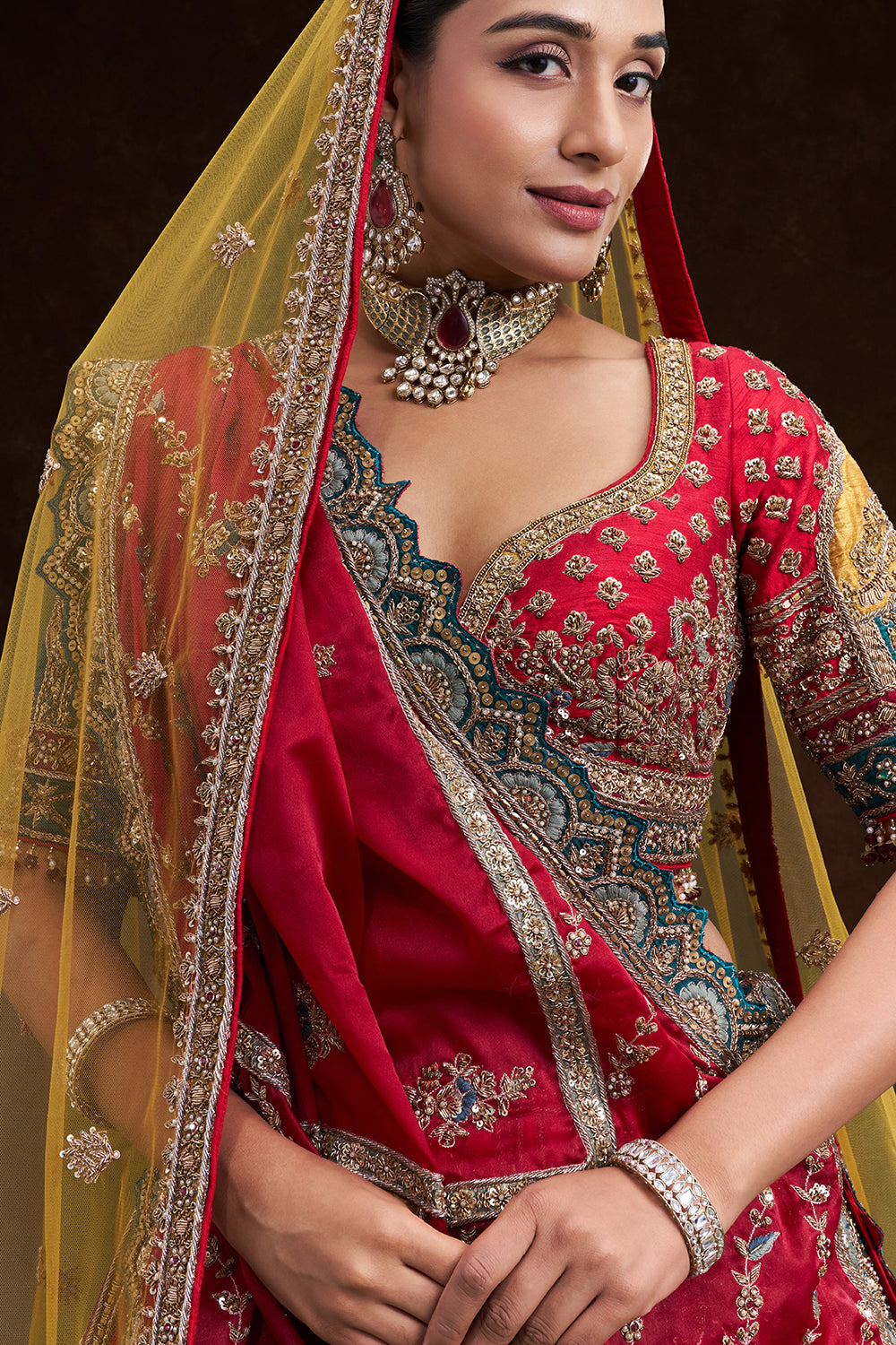Red Raw Silk Bridal Lehenga with Multi-colour Zardozi Heritage Embroidery