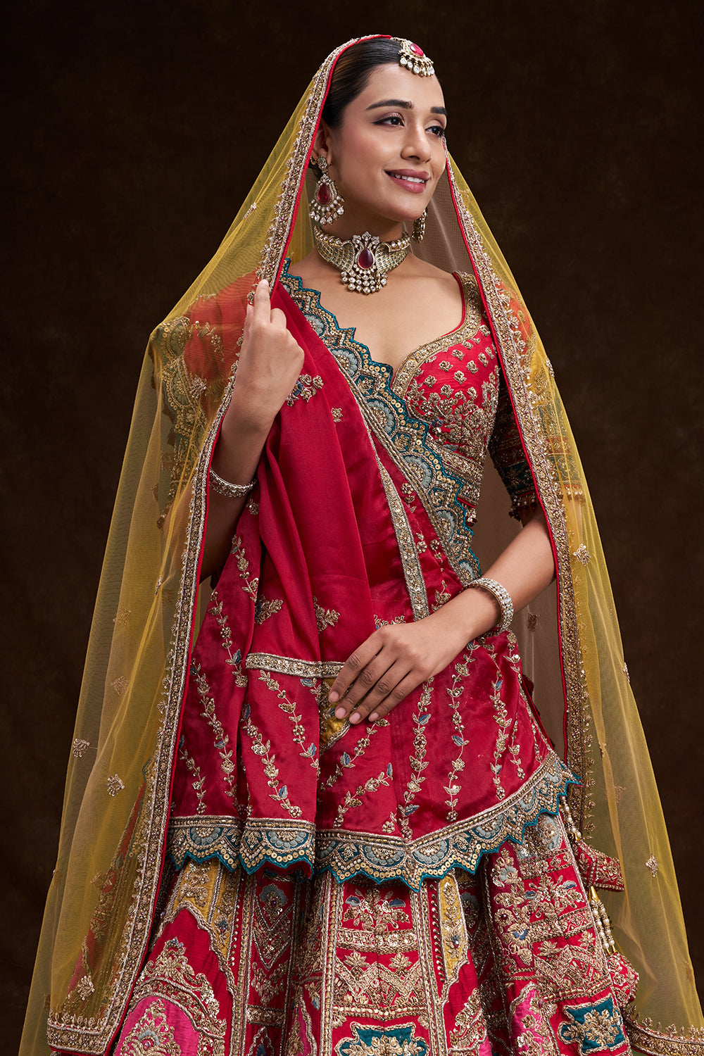 Red Raw Silk Bridal Lehenga with Multi-colour Zardozi Heritage Embroidery