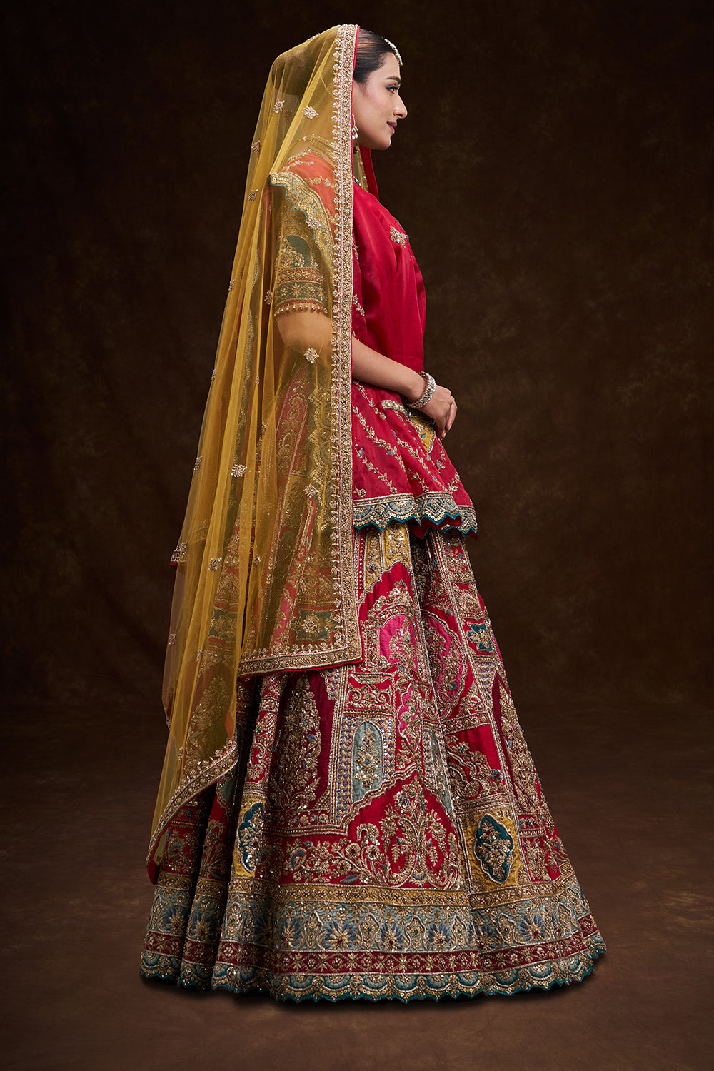 Red Raw Silk Bridal Lehenga with Multi-colour Zardozi Heritage Embroidery