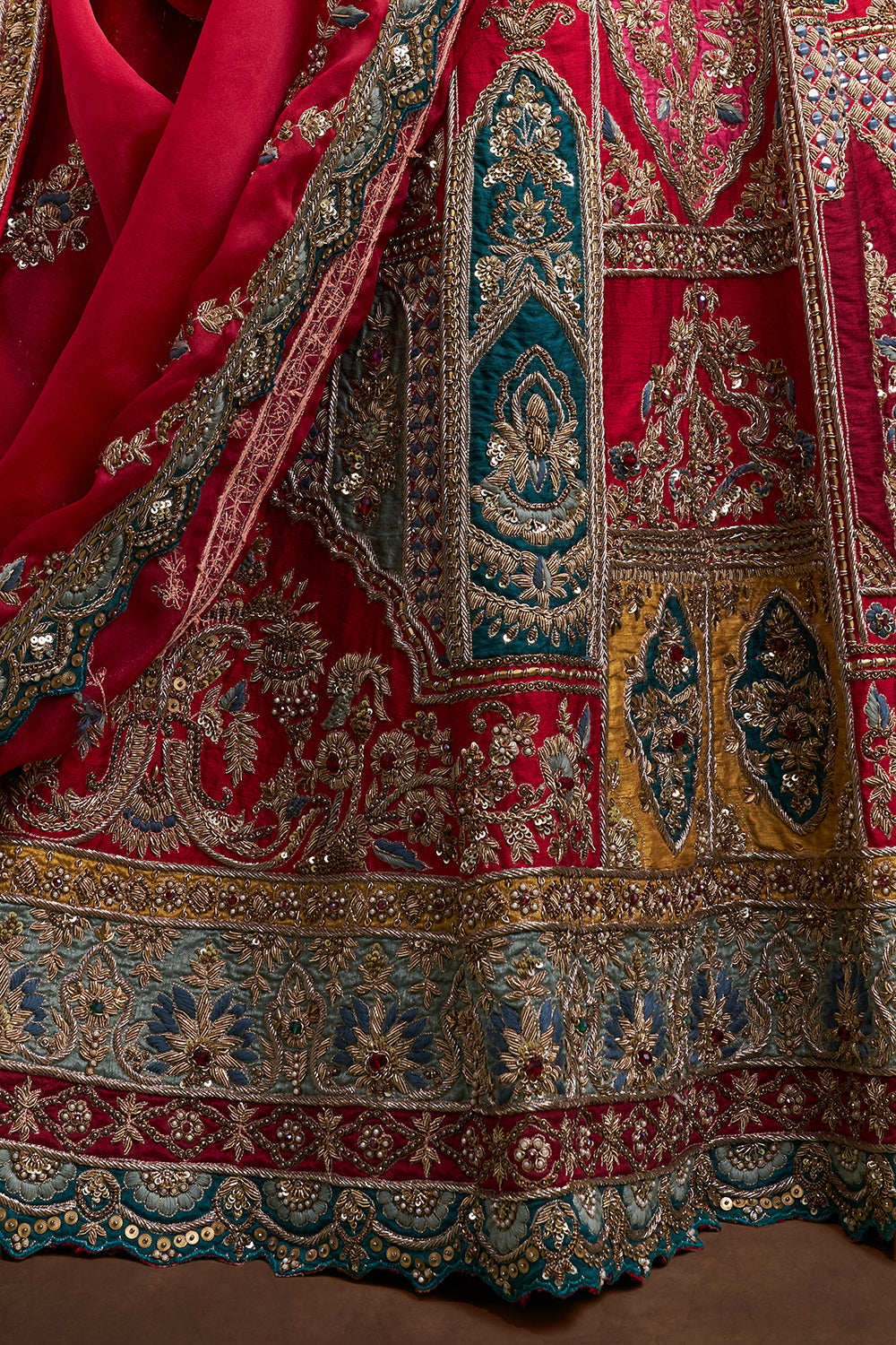 Red Raw Silk Bridal Lehenga with Multi-colour Zardozi Heritage Embroidery