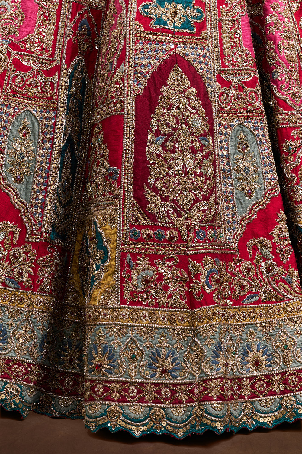 Red Raw Silk Bridal Lehenga with Multi-colour Zardozi Heritage Embroidery