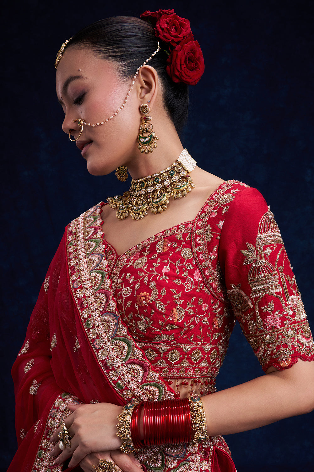 Red Raw Silk Bridal Lehenga with Pearl and Cutdana Work