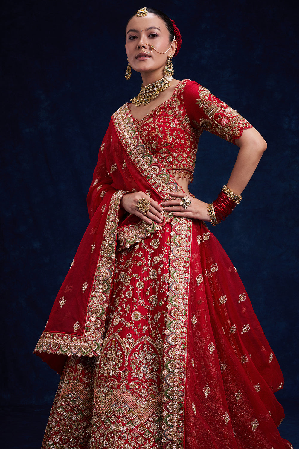 Red Raw Silk Bridal Lehenga with Pearl and Cutdana Work