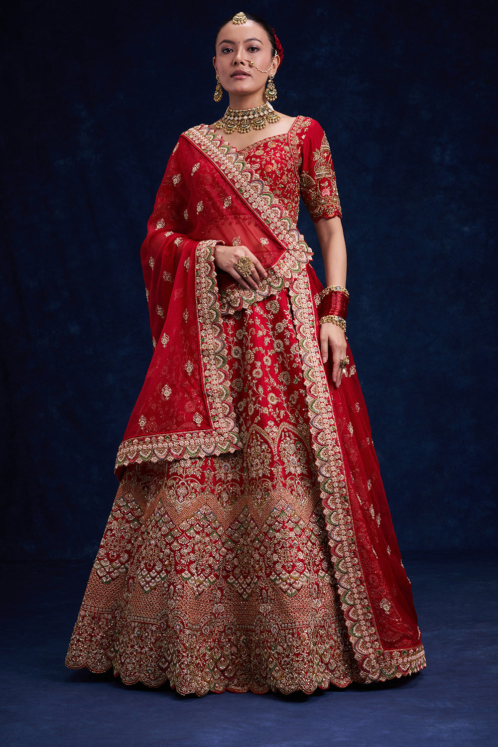 Red Raw Silk Bridal Lehenga with Pearl and Cutdana Work
