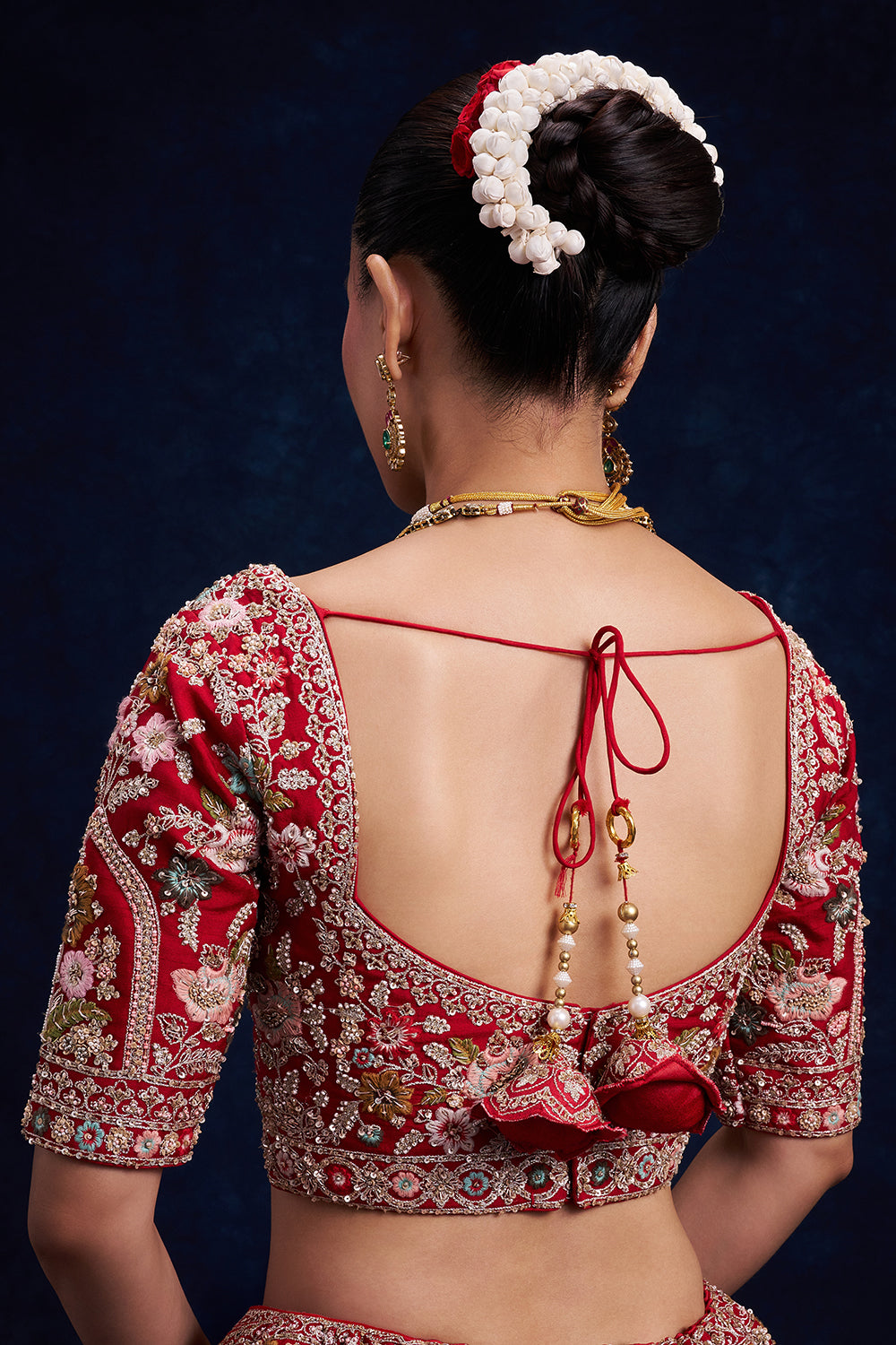 Red Raw Silk Bridal Lehenga with Pearl and French Knot Work