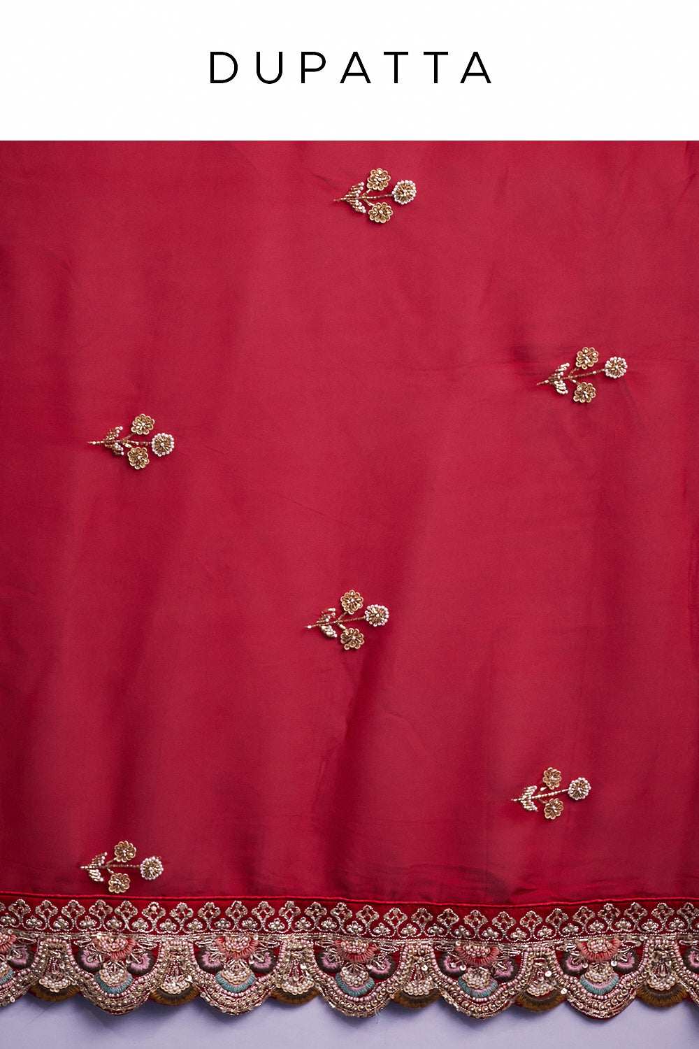 Red Raw Silk Bridal Lehenga with Pearl and French Knot Work