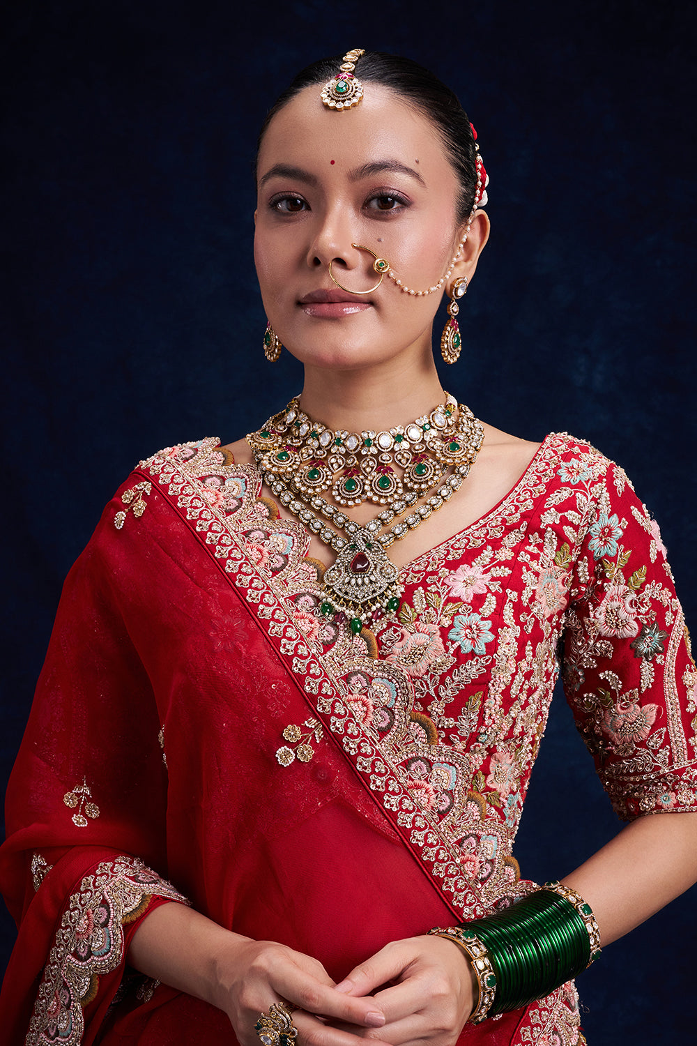 Red Raw Silk Bridal Lehenga with Pearl and French Knot Work