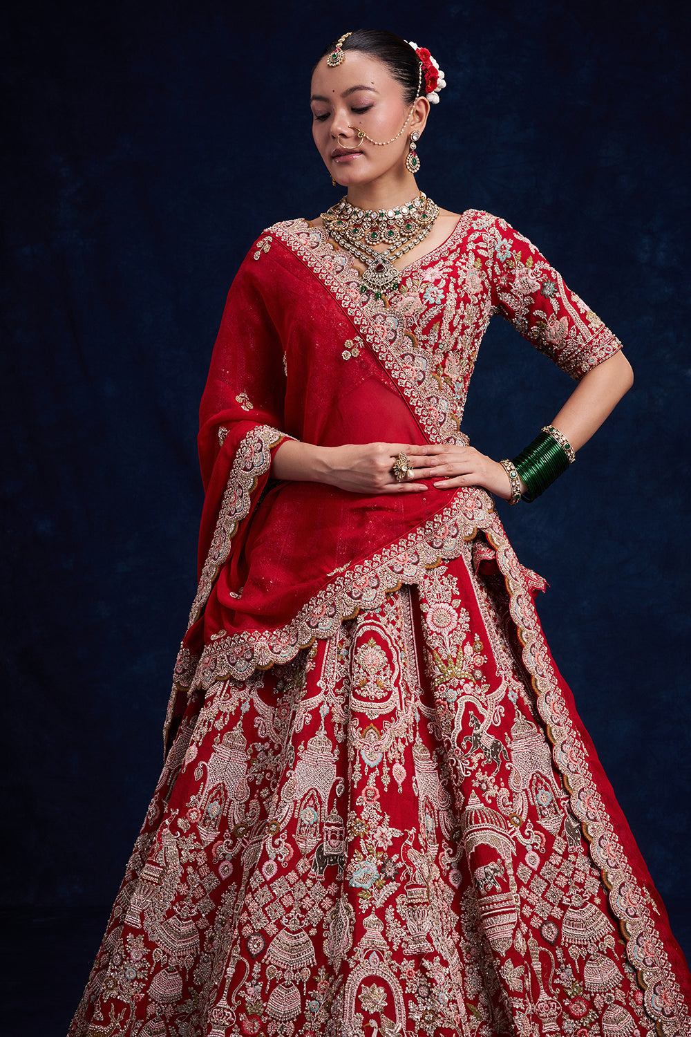 Red Raw Silk Bridal Lehenga with Pearl and French Knot Work
