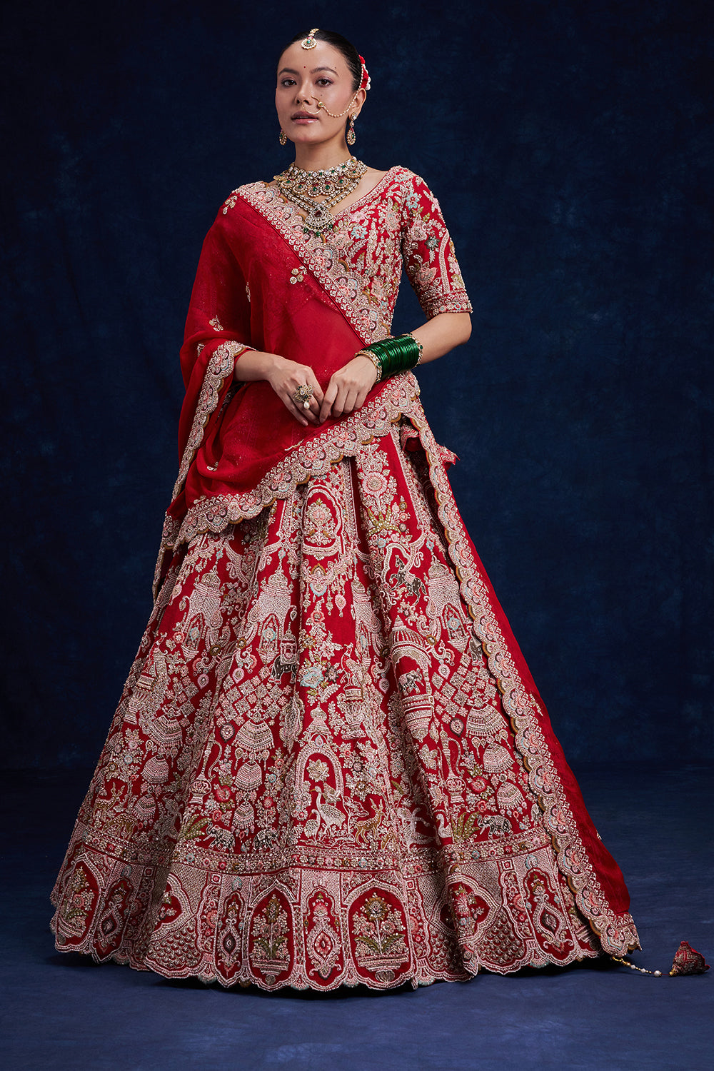 Red Raw Silk Bridal Lehenga with Pearl and French Knot Work