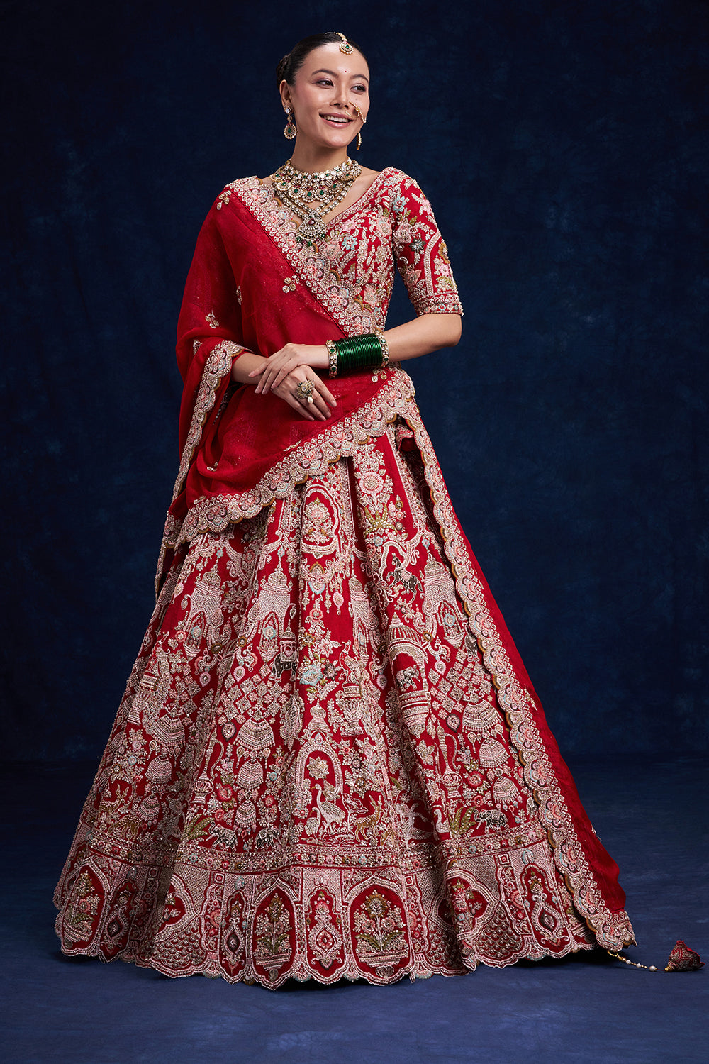 Red Raw Silk Bridal Lehenga with Pearl and French Knot Work
