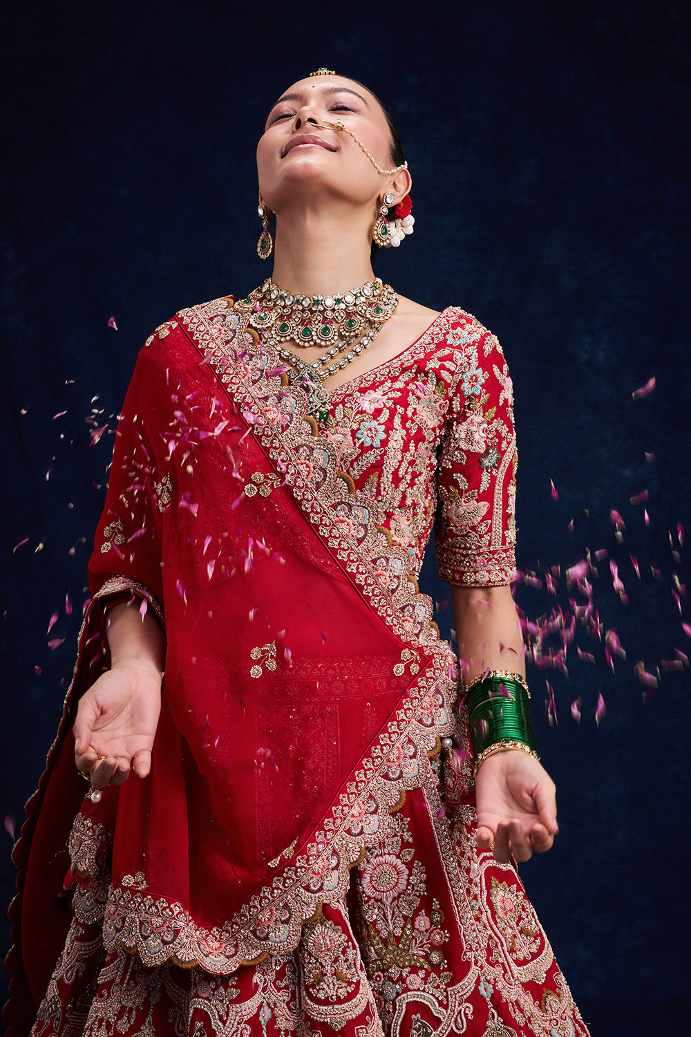Red Raw Silk Bridal Lehenga with Pearl and French Knot Work