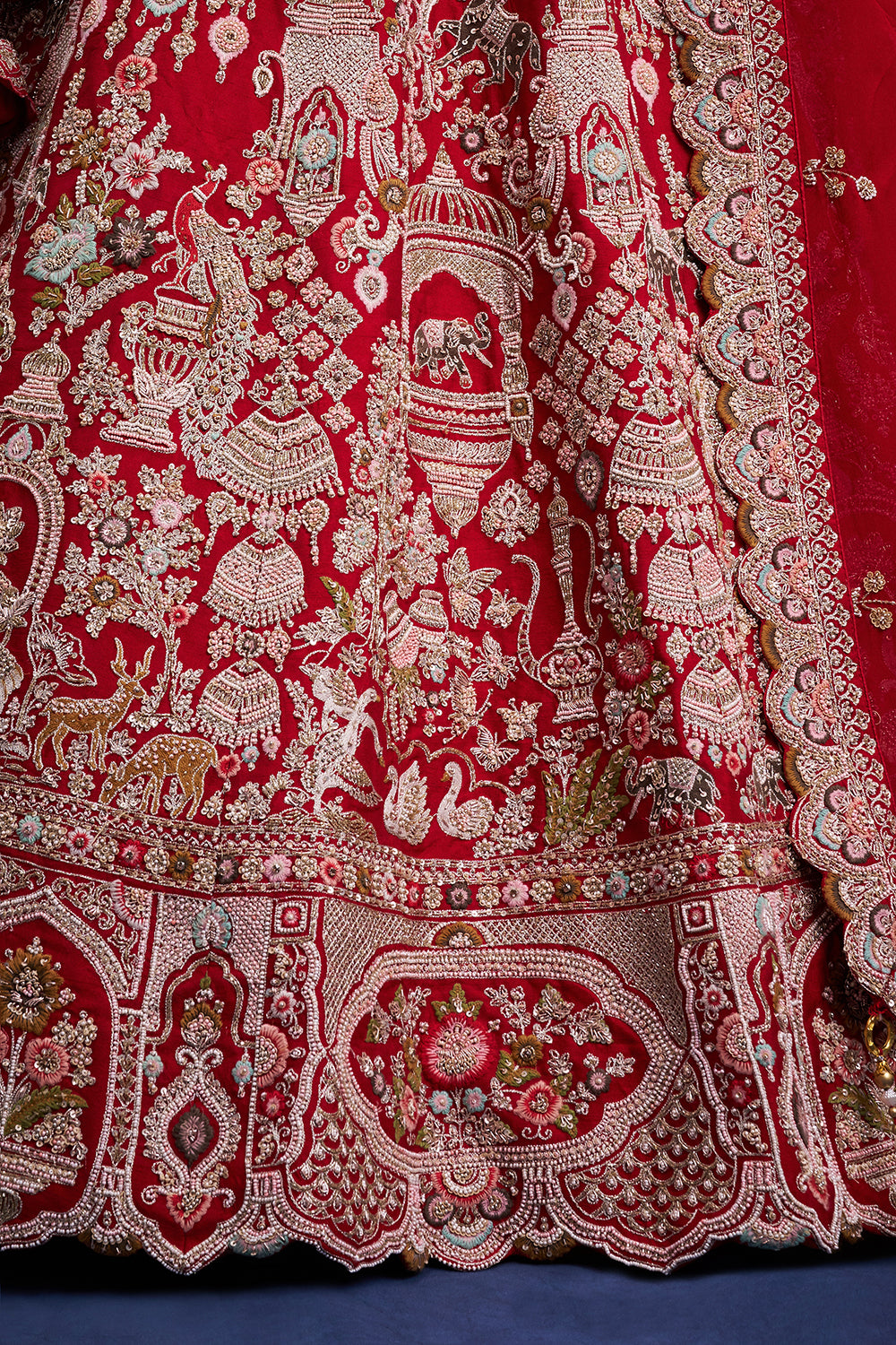 Red Raw Silk Bridal Lehenga with Pearl and French Knot Work
