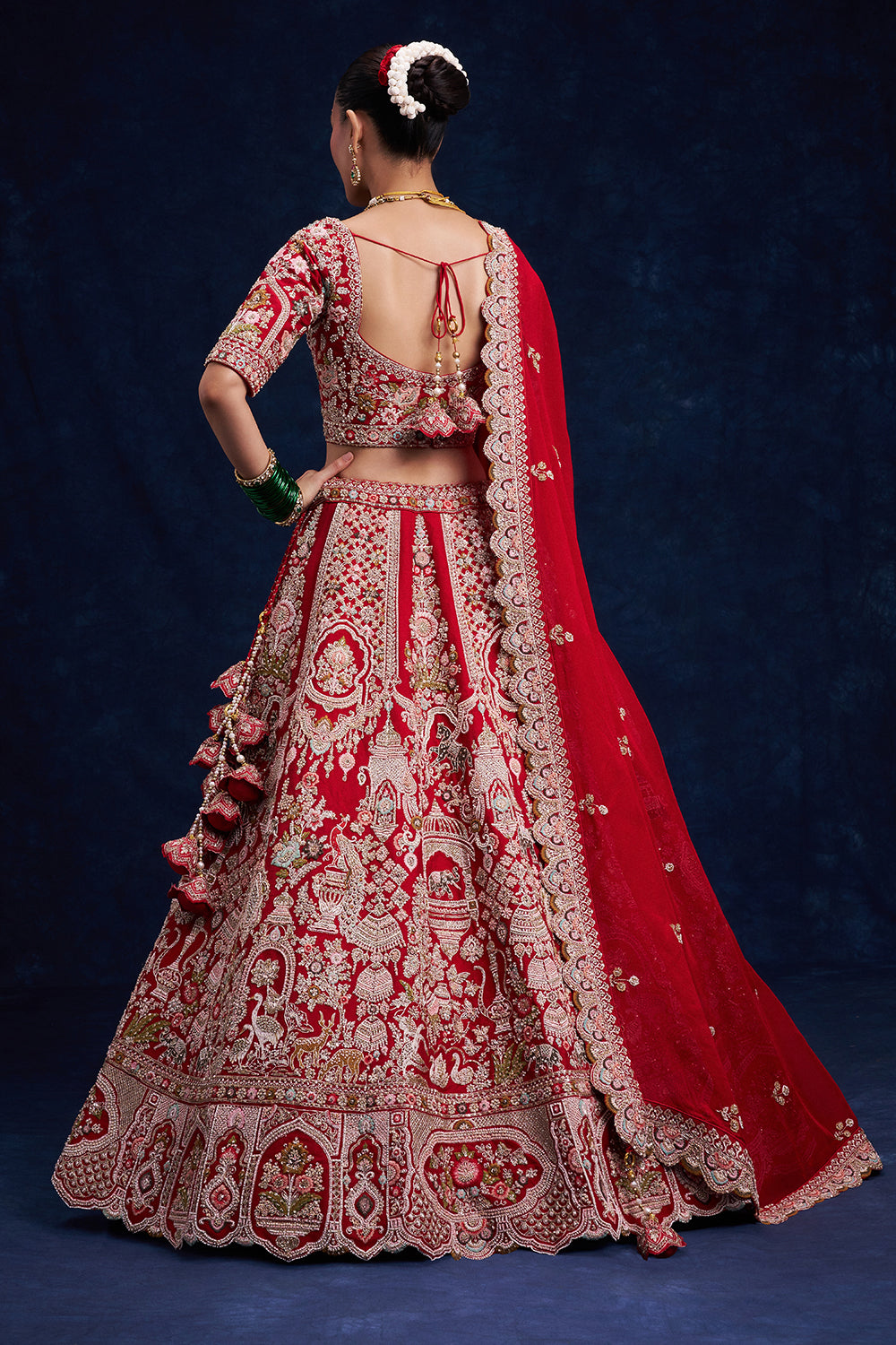 Red Raw Silk Bridal Lehenga with Pearl and French Knot Work