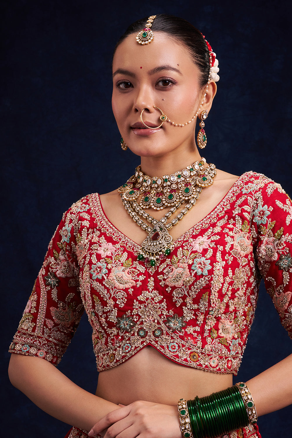 Red Raw Silk Bridal Lehenga with Pearl and French Knot Work