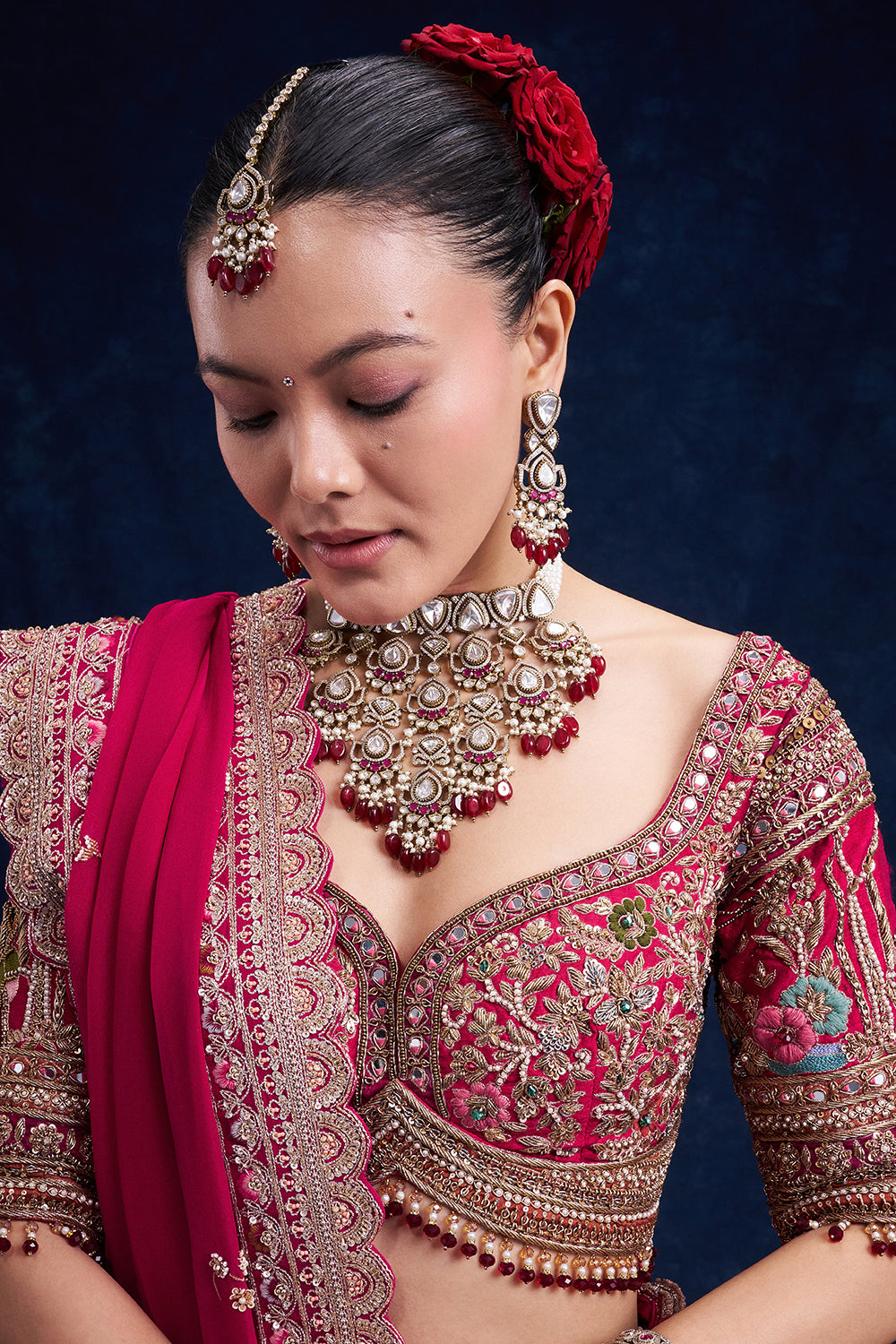 Red Raw Silk Bridal Lehenga with Pearl Cutdana and Resham Work