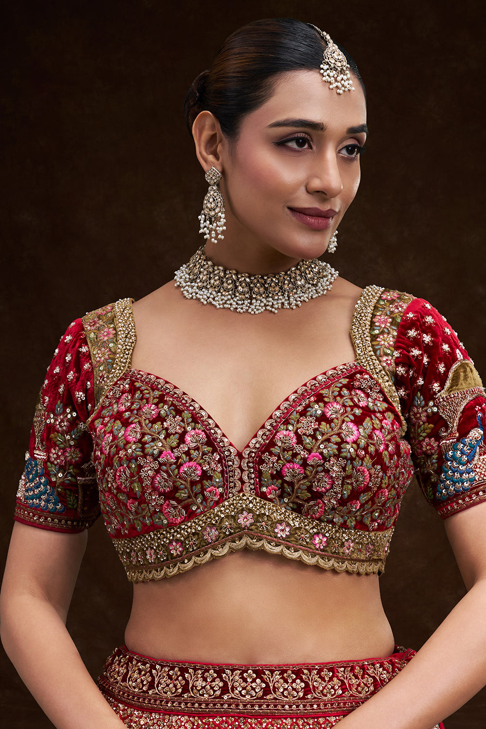 Red Raw Silk Bridal Lehenga with Royal Garden Zardozi Work and Velvet Blouse