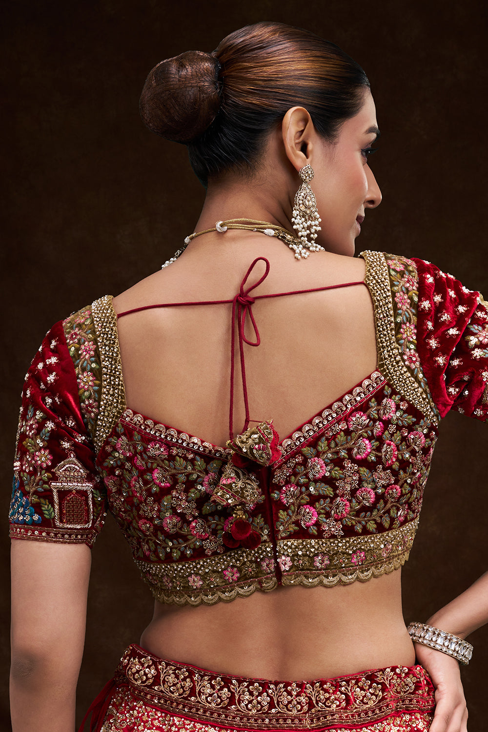 Red Raw Silk Bridal Lehenga with Royal Garden Zardozi Work and Velvet Blouse