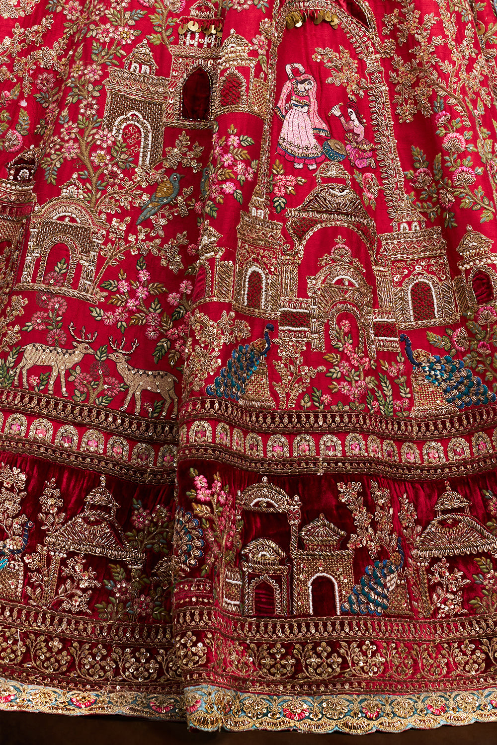 Red Raw Silk Bridal Lehenga with Royal Garden Zardozi Work and Velvet Blouse