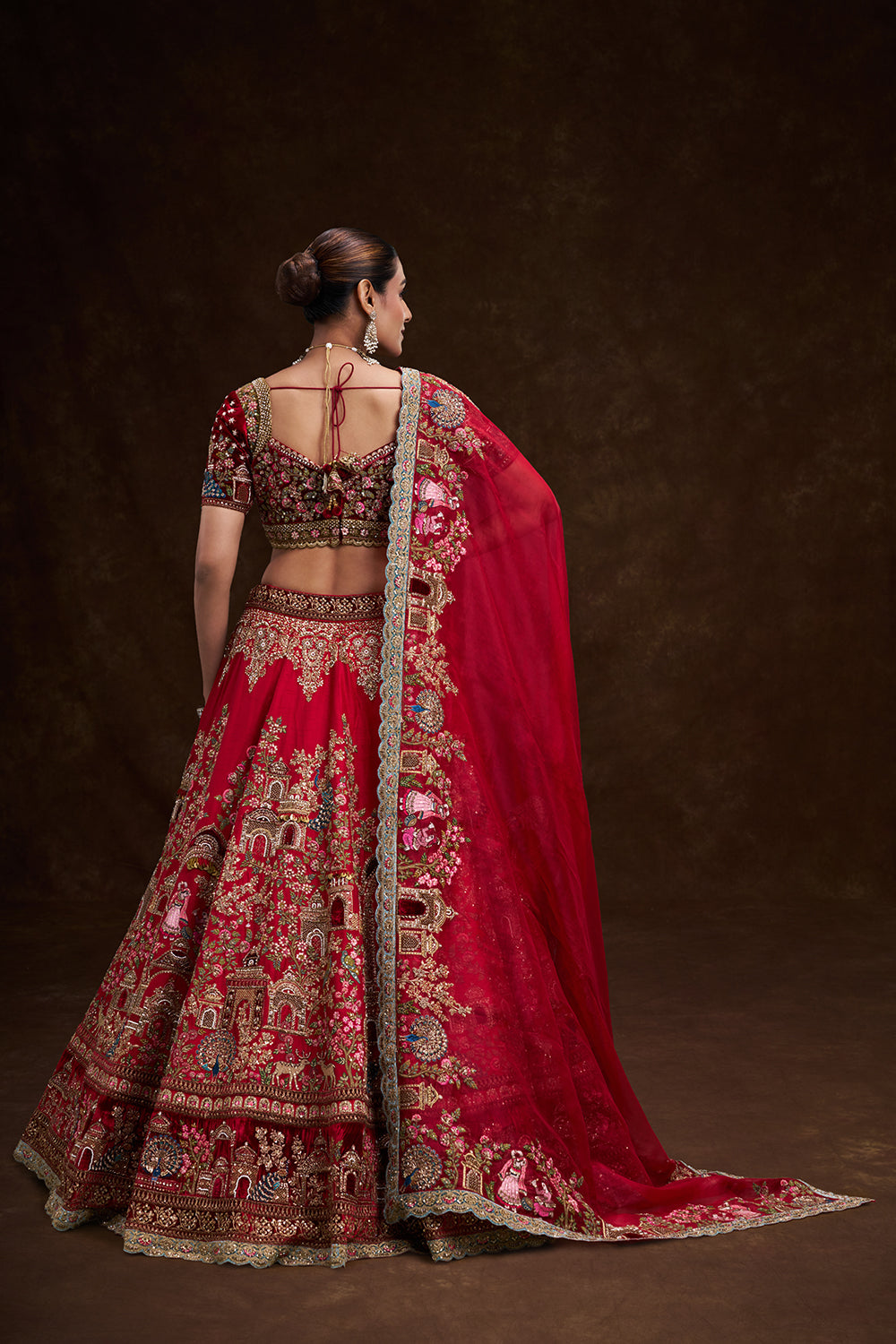 Red Raw Silk Bridal Lehenga with Royal Garden Zardozi Work and Velvet Blouse