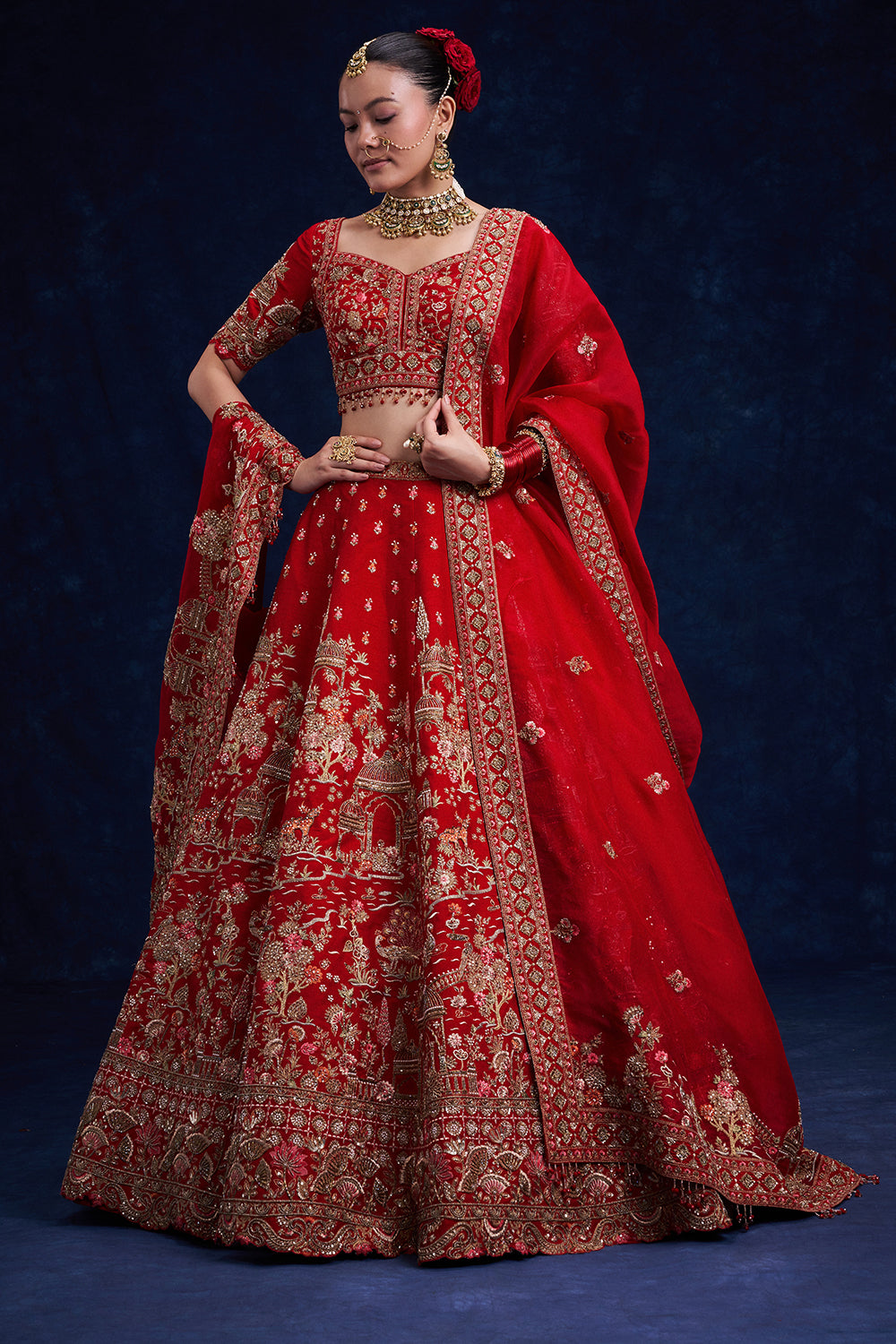 Red Raw Silk Bridal Lehenga with Sequins and Resham Work