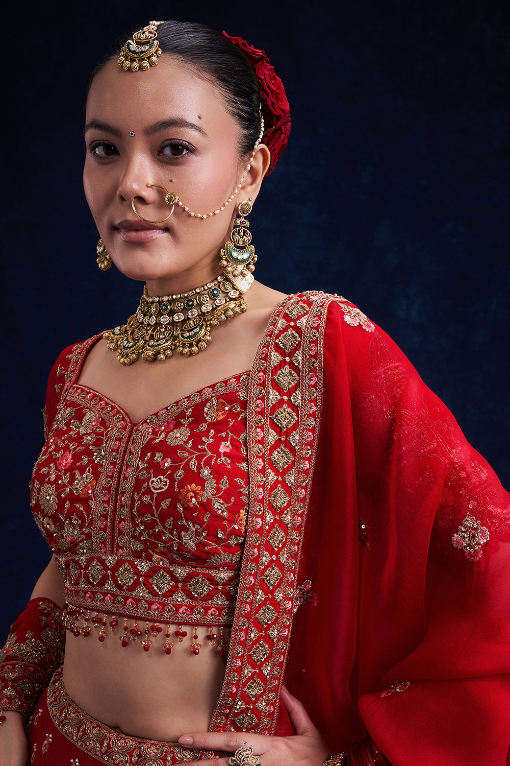 Red Raw Silk Bridal Lehenga with Sequins and Resham Work