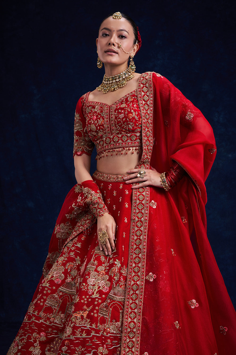 Red Raw Silk Bridal Lehenga with Sequins and Resham Work
