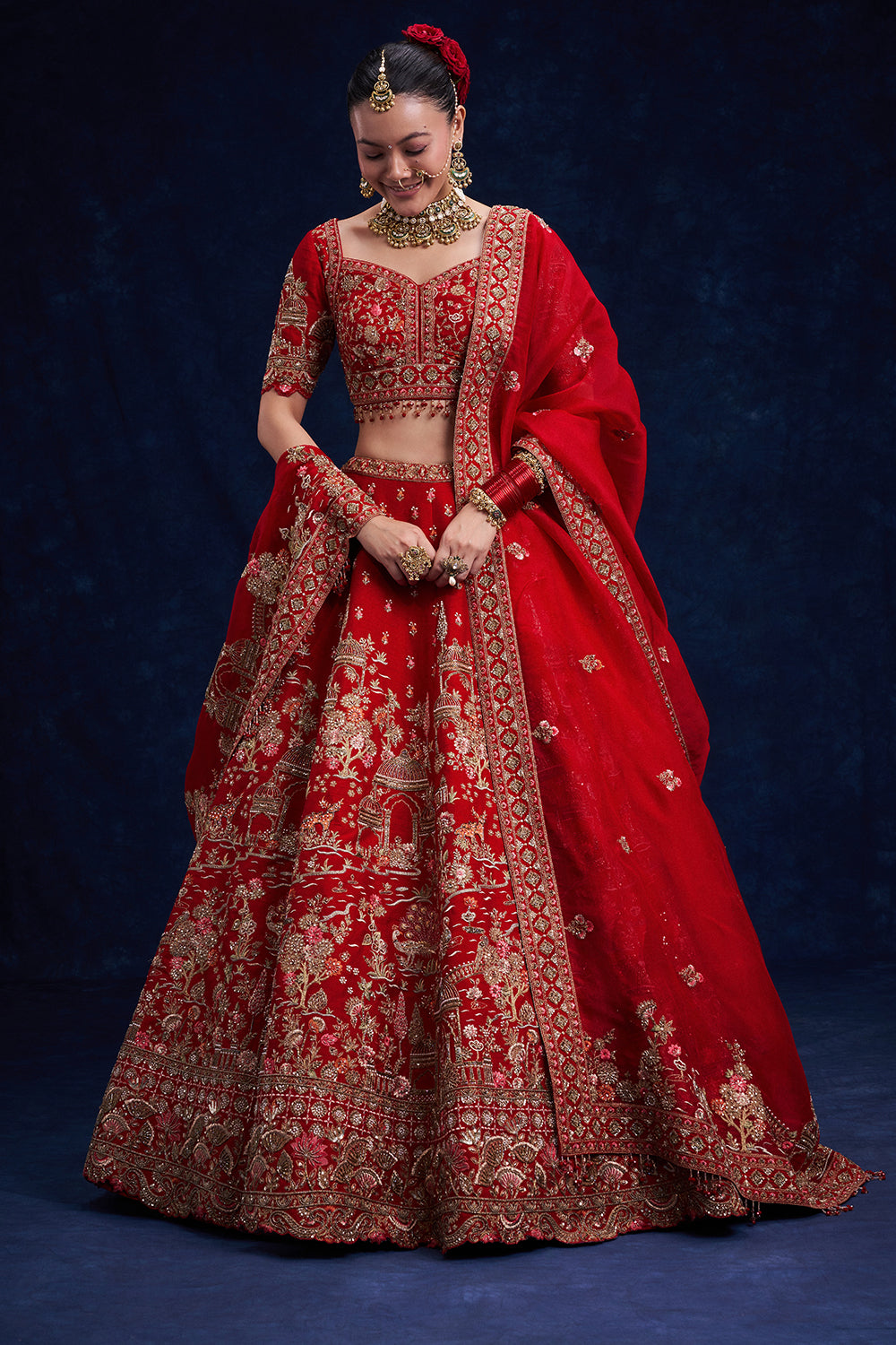 Red Raw Silk Bridal Lehenga with Sequins and Resham Work