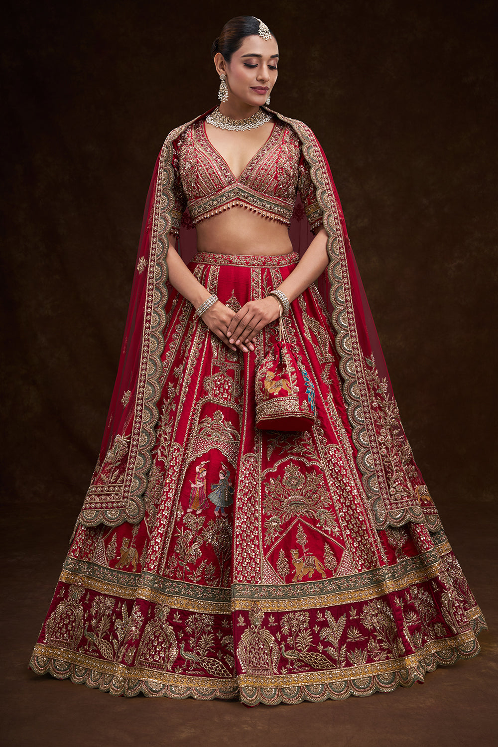 Red Raw Silk Bridal Lehenga with Zardozi Heritage Motifs
