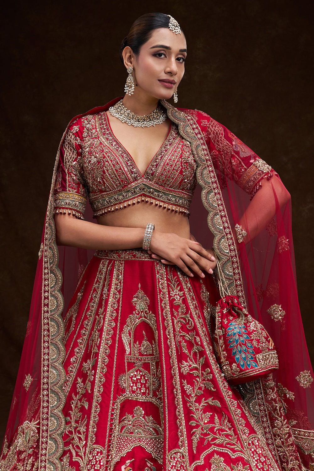 Red Raw Silk Bridal Lehenga with Zardozi Heritage Motifs