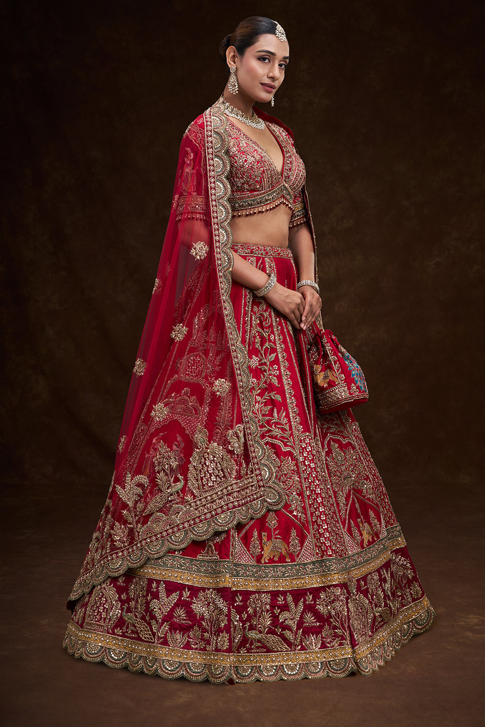 Red Raw Silk Bridal Lehenga with Zardozi Heritage Motifs