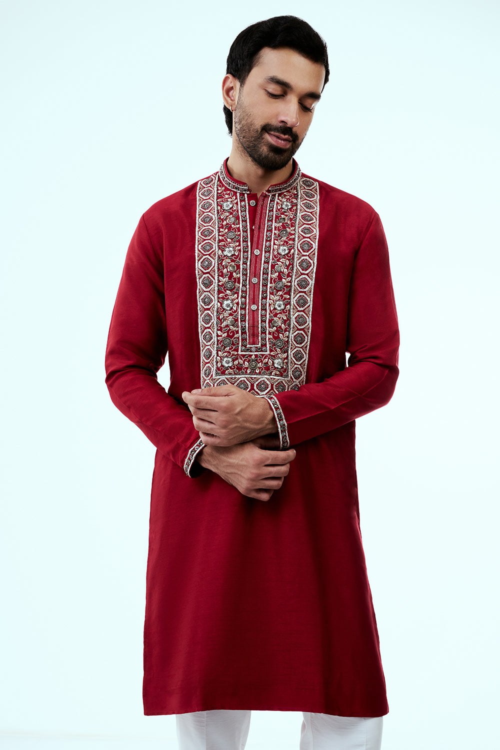 Red Raw Silk Mens Kurta Set with Resham Work and Metallic Embroidery