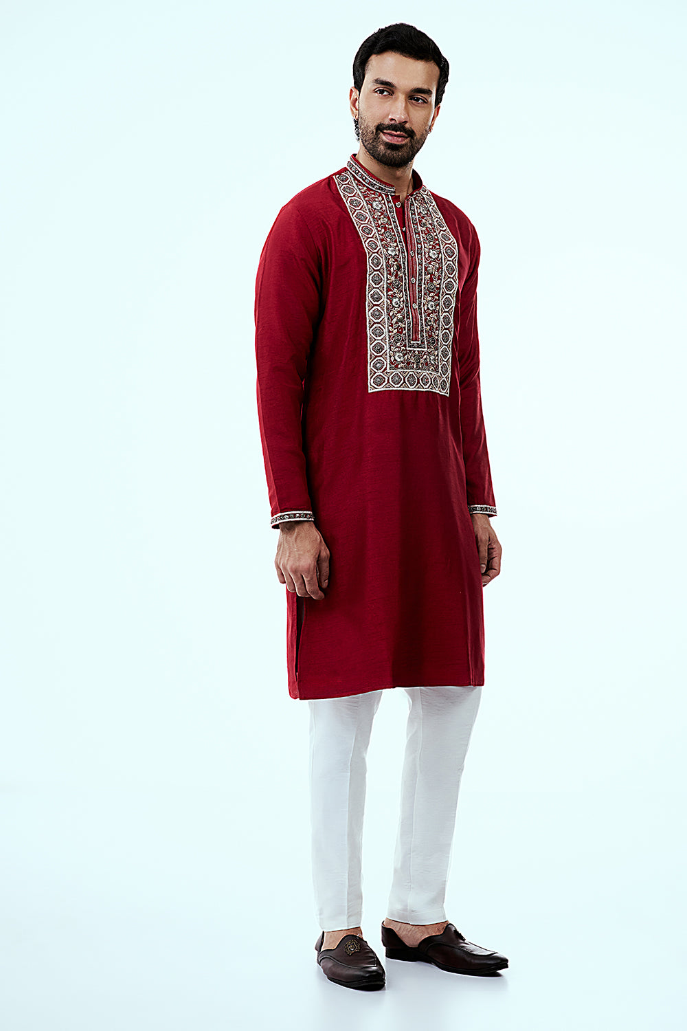 Red Raw Silk Mens Kurta Set with Resham Work and Metallic Embroidery