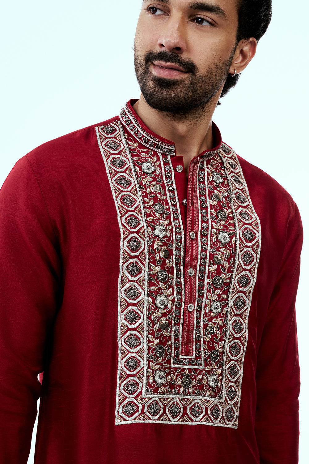 Red Raw Silk Mens Kurta Set with Resham Work and Metallic Embroidery