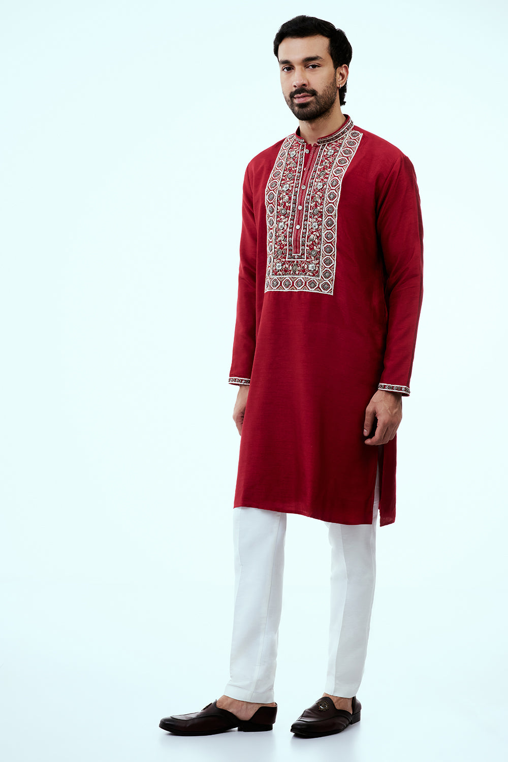 Red Raw Silk Mens Kurta Set with Resham Work and Metallic Embroidery