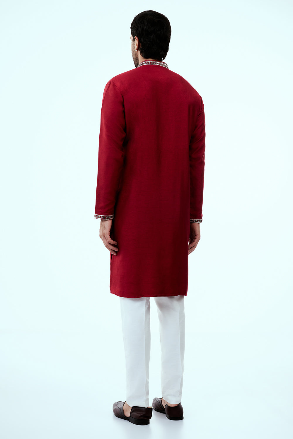 Red Raw Silk Mens Kurta Set with Resham Work and Metallic Embroidery
