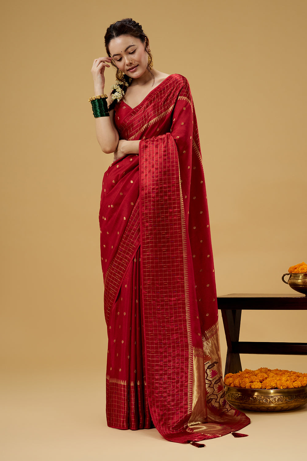 Red Satin Silk Saree with Zari Work