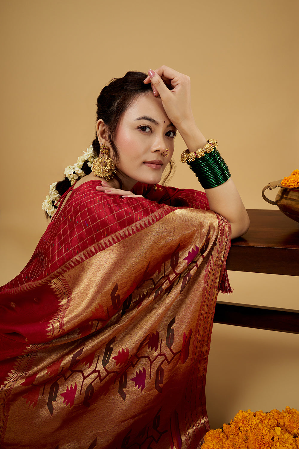 Red Satin Silk Saree with Zari Work